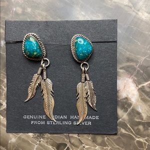 Genuine silver and turquoise feather earrings.